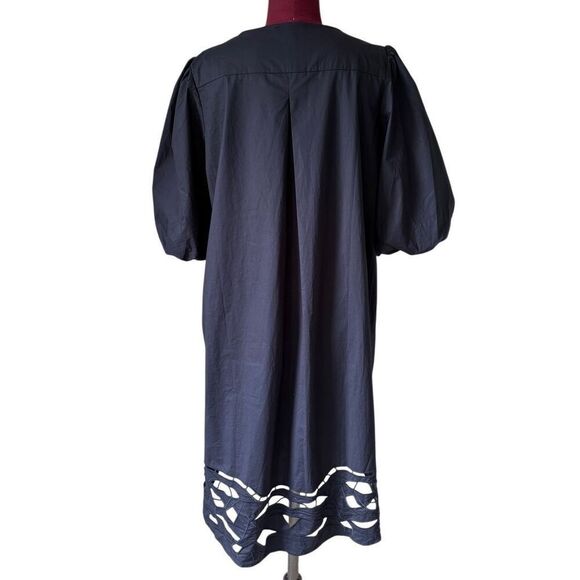NEW FOR CYNTHIA Knee Length Dress size XL Navy Blue Puff Sleeve V-neck Embroider - Picture 3 of 11